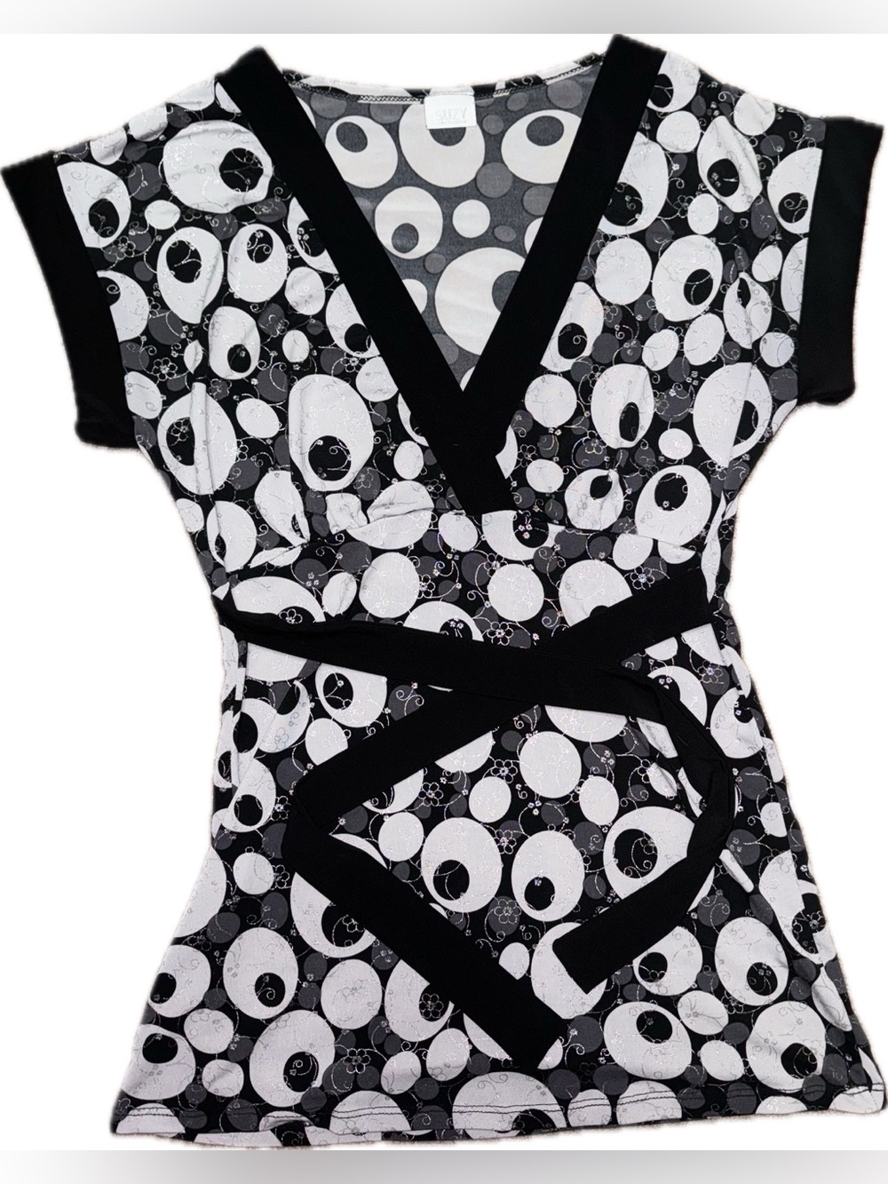 Suzy Shier Black and White Printed Wrap-Style Top
